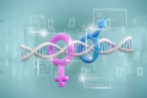 Ansicht einer DNA mit Daten und männlichem und weiblichem Symbol für Gender Medizin